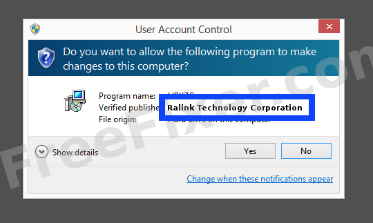 Screenshot where Ralink Technology Corporation appears as the verified publisher in the UAC dialog